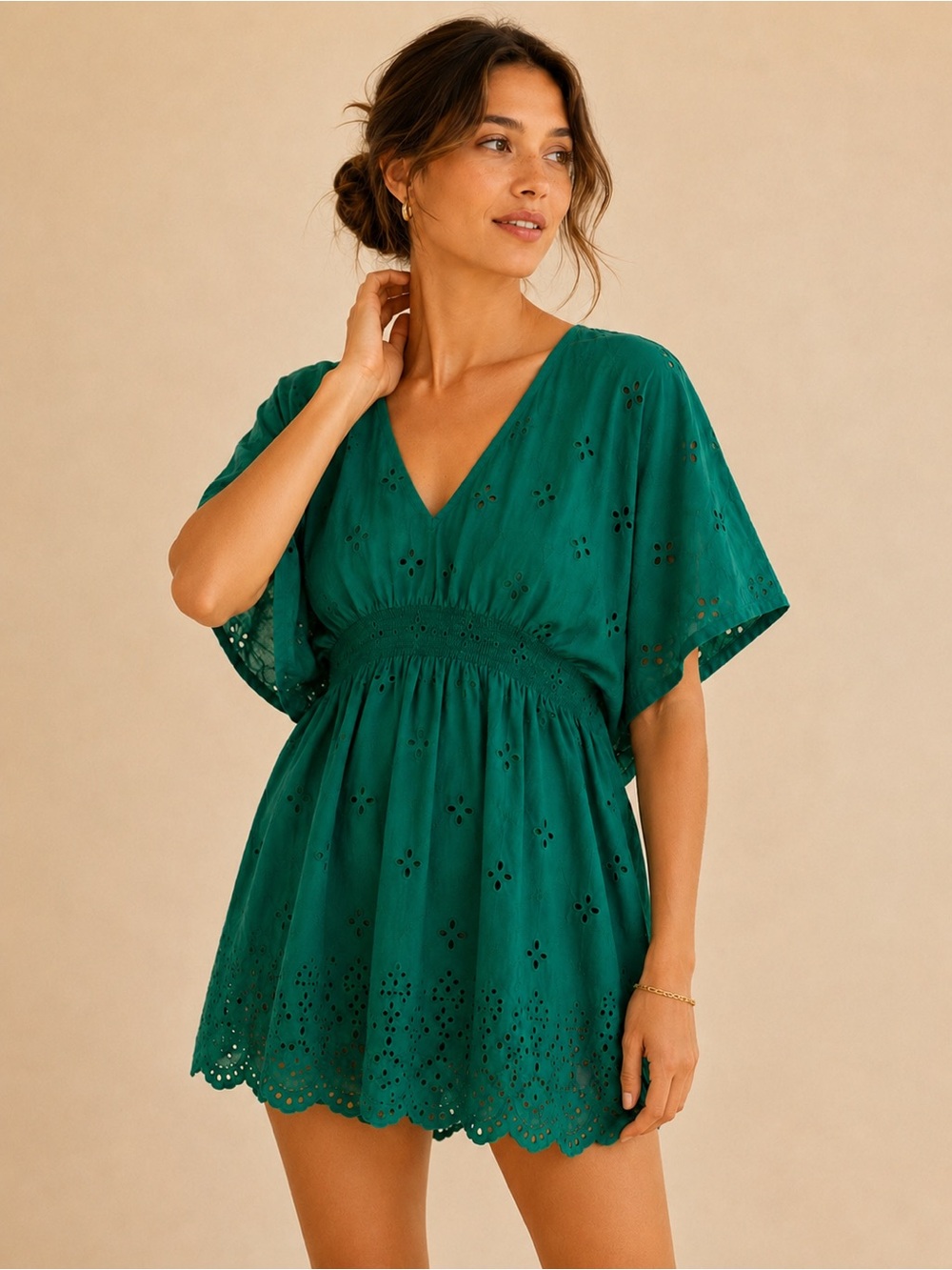 Shiraleah Emerald Green Boho Smocked Eyelet Mini Dress V-Neck Coverup Beach Pool - Picture 7 of 8